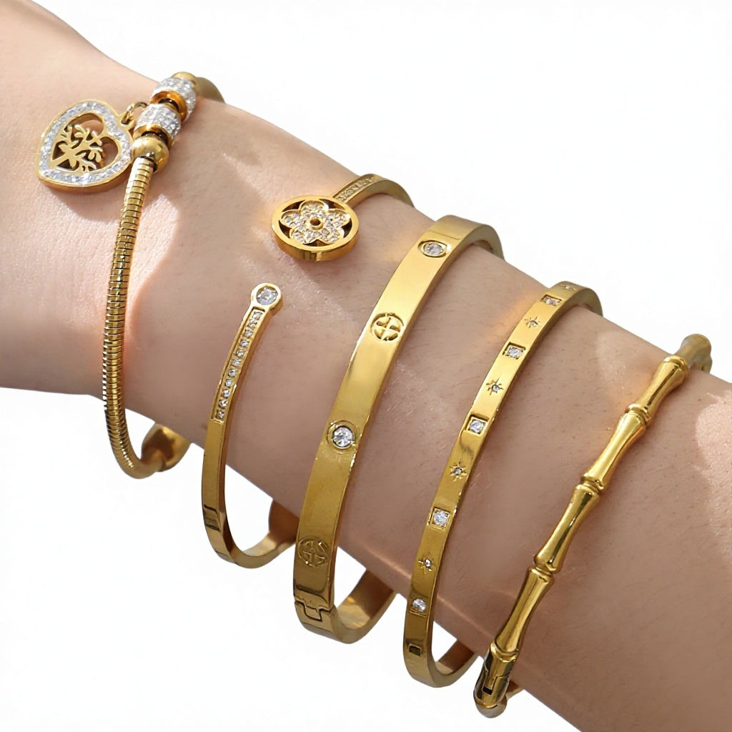 Fashion Sparkly Cubic Zirconia Floral Cuff  Stainless Steel Gold Plated Rhinestone Bangle Jewelry  Wedding Party