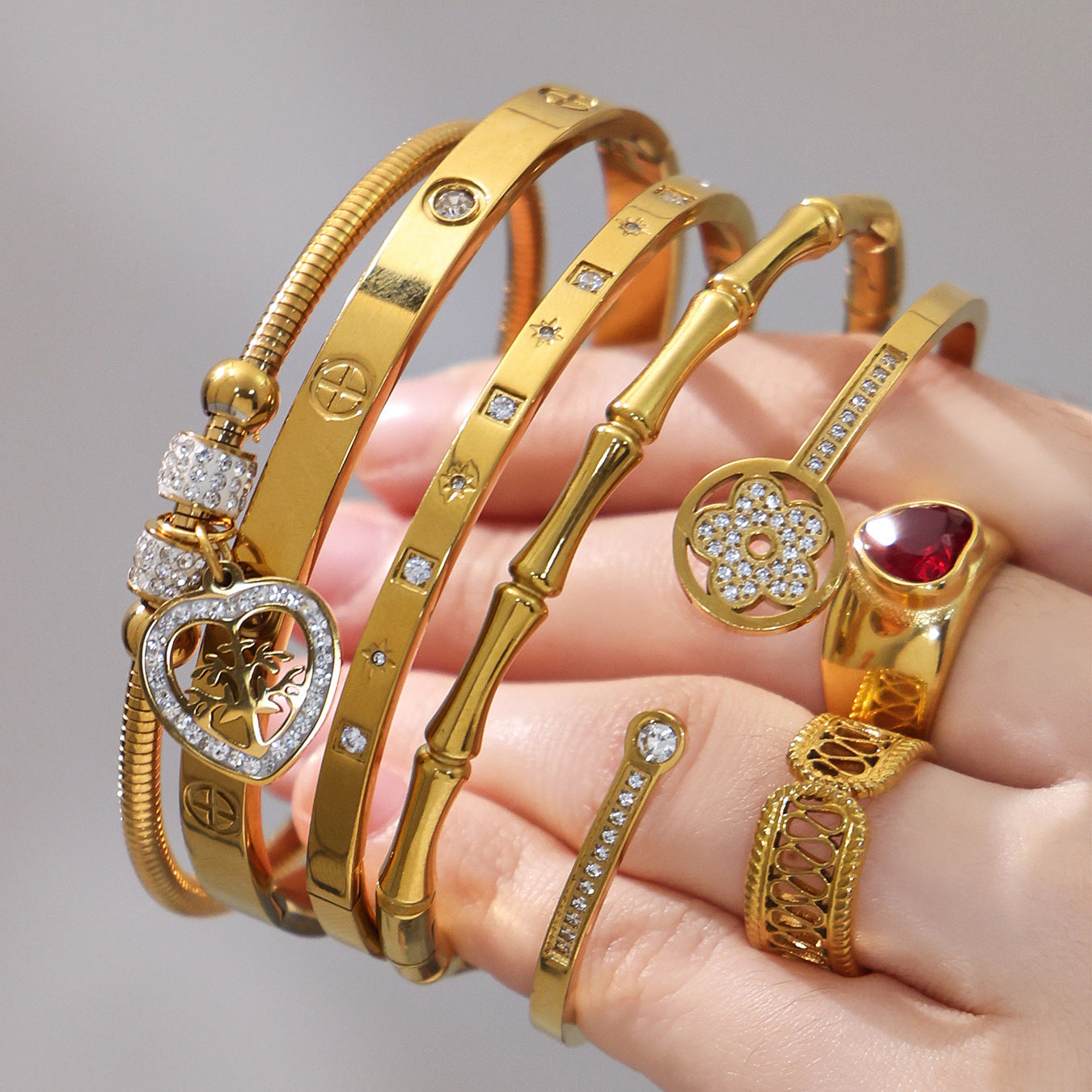 Fashion Sparkly Cubic Zirconia Floral Cuff  Stainless Steel Gold Plated Rhinestone Bangle Jewelry  Wedding Party
