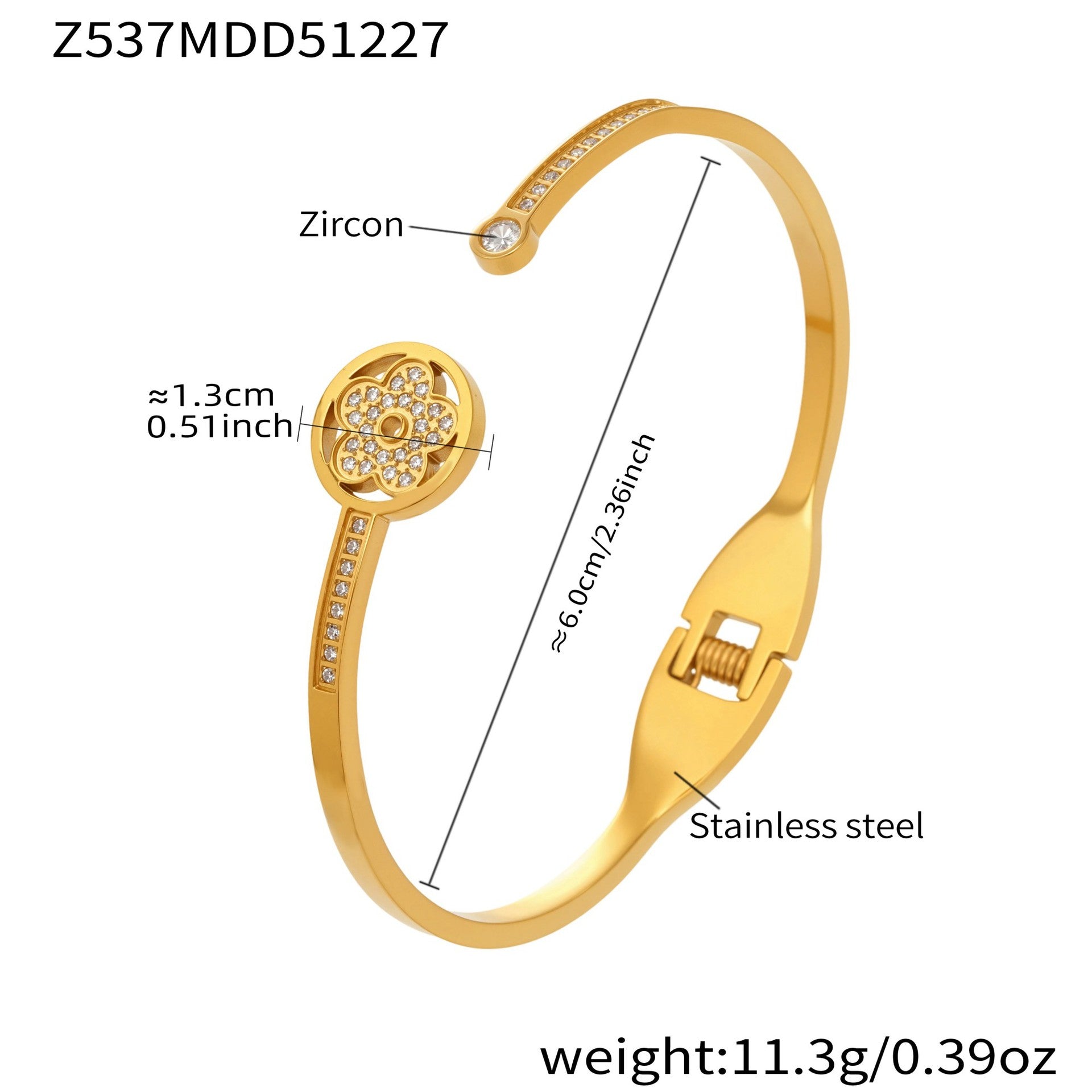 Fashion Sparkly Cubic Zirconia Floral Cuff  Stainless Steel Gold Plated Rhinestone Bangle Jewelry  Wedding Party