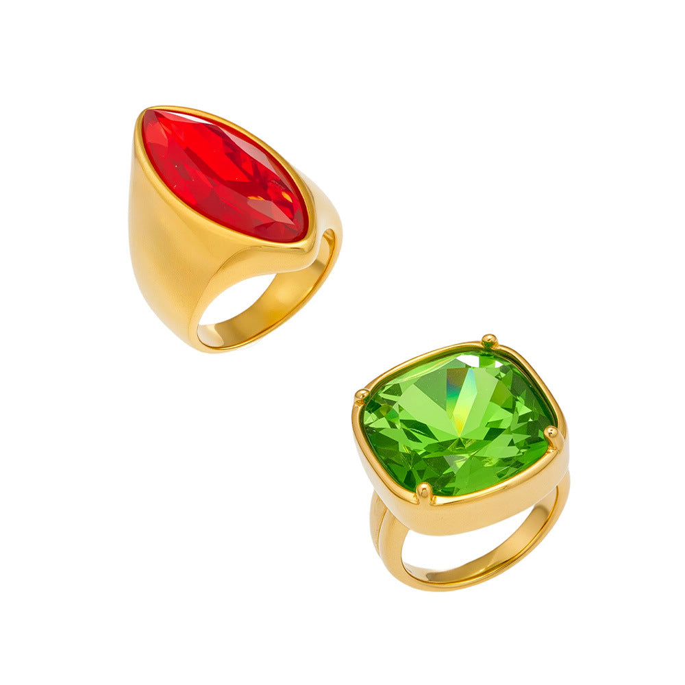 High Quality Stainless Steel 18K Real Gold Plated Ring Fashion Red Green Epoxy Glass Stone Designer Statement Jewelry Wholesale