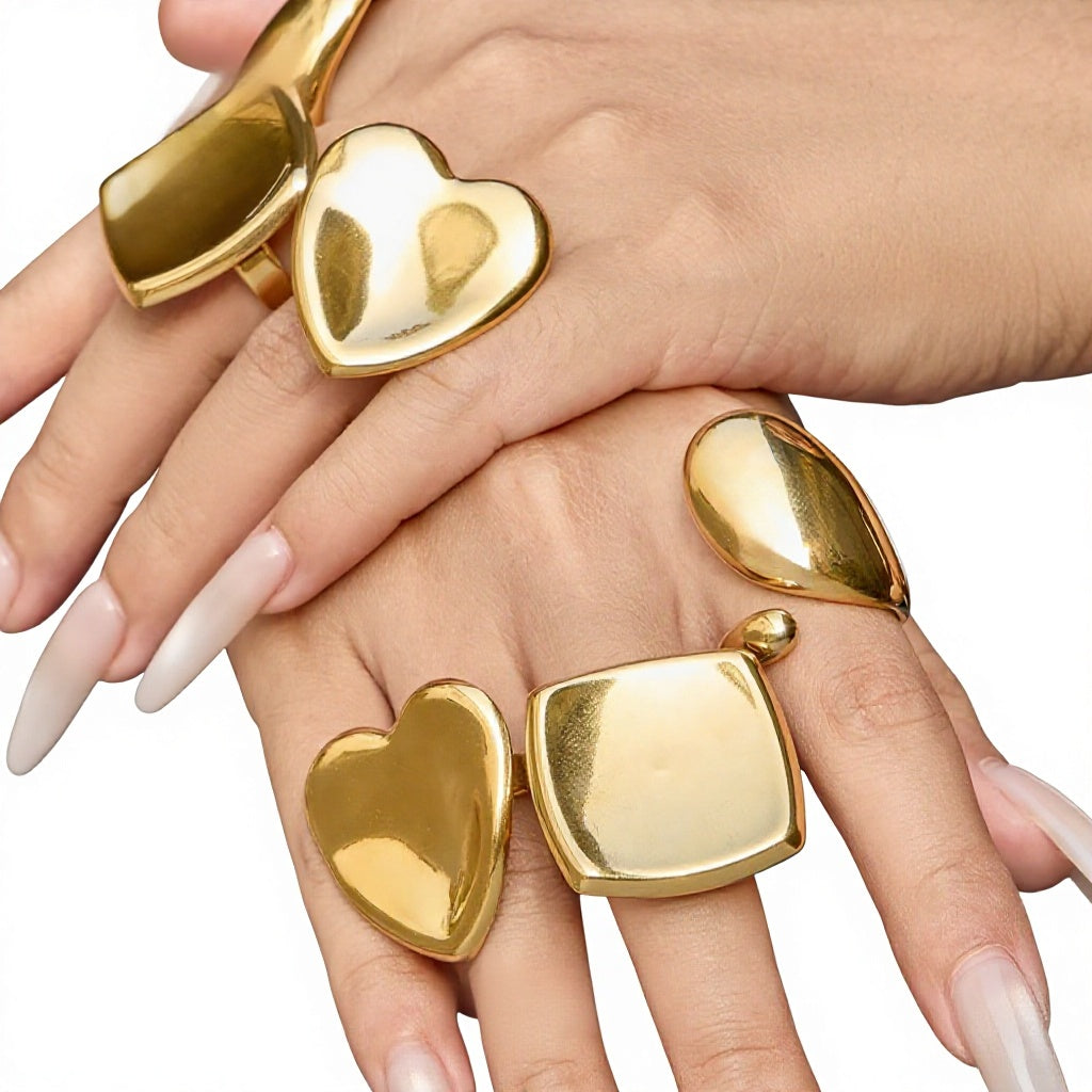 New Design Luxury Fashion Stainless Steel Rings for Women Vintage Waterdrop Square Heart Geometric Open Ring for Middle Finger