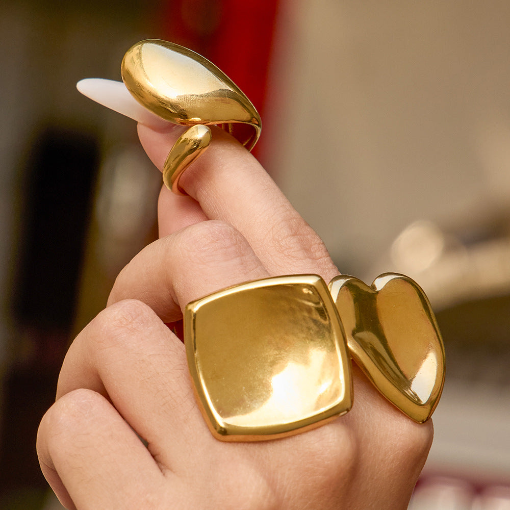 New Design Luxury Fashion Stainless Steel Rings for Women Vintage Waterdrop Square Heart Geometric Open Ring for Middle Finger