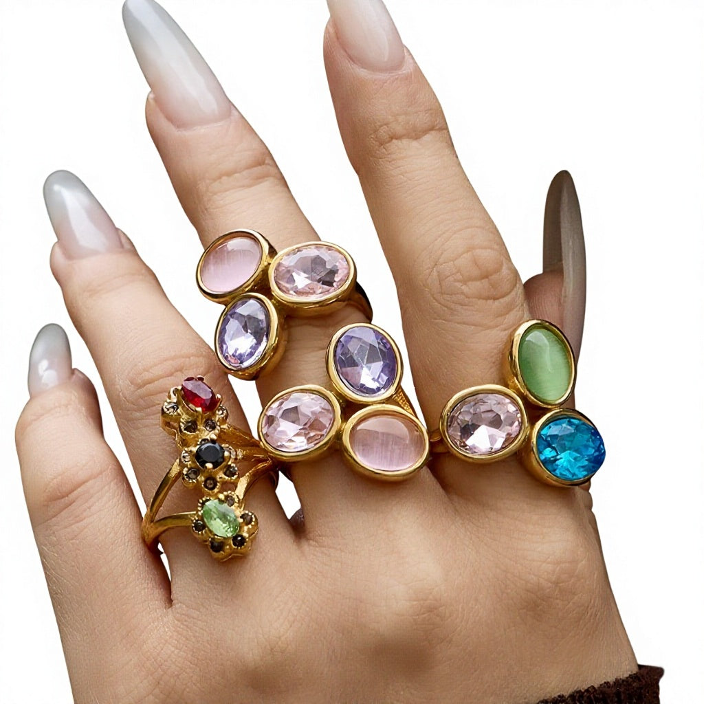 2026 New Design Luxury Multi Color Glass Rhinestone 18K Gold Stainless Steel Rings