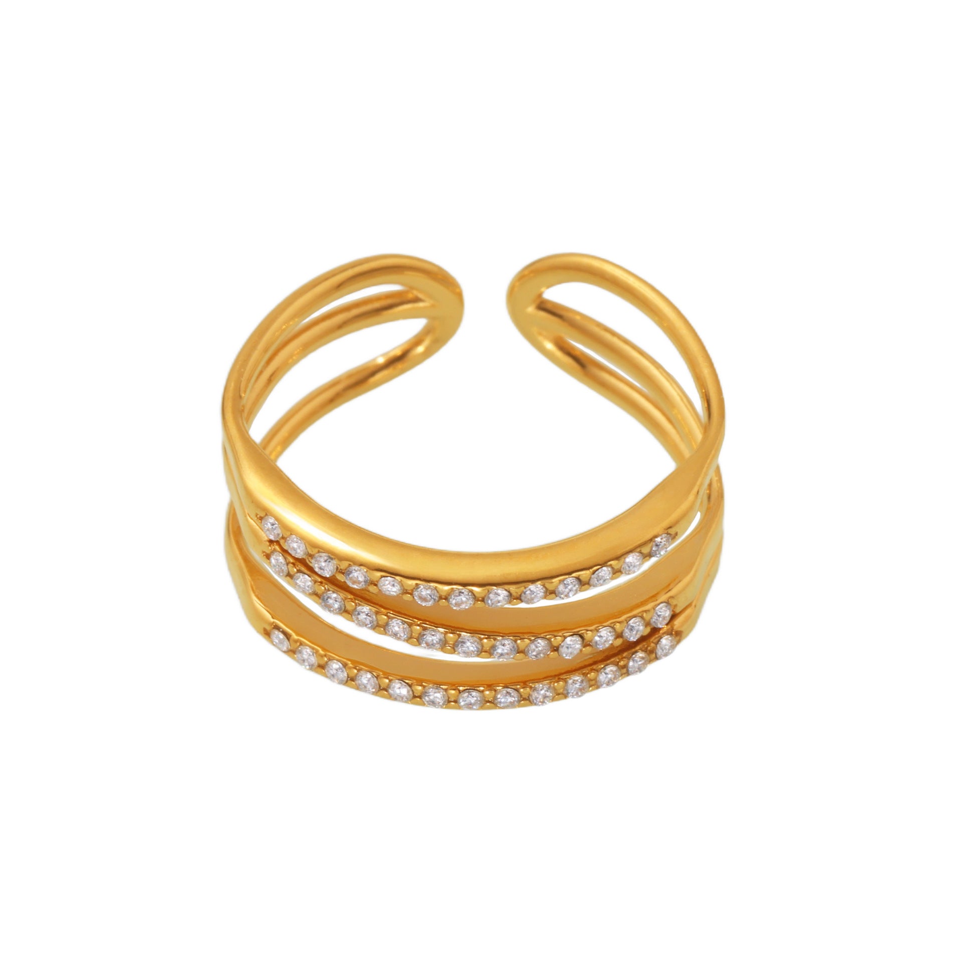 Mili Stainless Steel Three-layer Line Hollowed Index Finger Ring Inlaid Zircon Simple All-match Unisex Plated 18K Gold