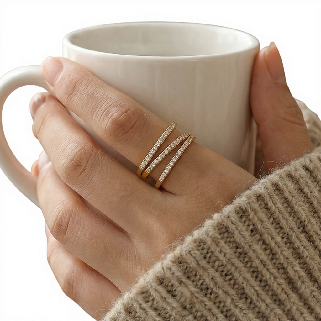 Mili Stainless Steel Three-layer Line Hollowed Index Finger Ring Inlaid Zircon Simple All-match Unisex Plated 18K Gold