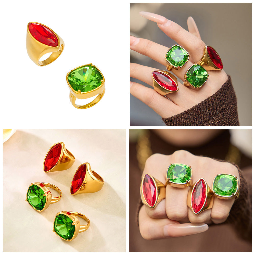 High Quality Stainless Steel 18K Real Gold Plated Ring Fashion Red Green Epoxy Glass Stone Designer Statement Jewelry Wholesale