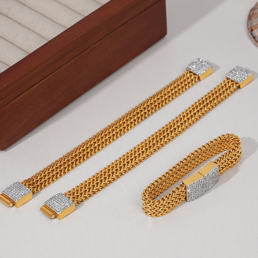 New Cross-border Style New Design Fashionable Wide Titanium Steel Gold-plated Diamond Watch Chain Jewelry Bracelet  Wholesale