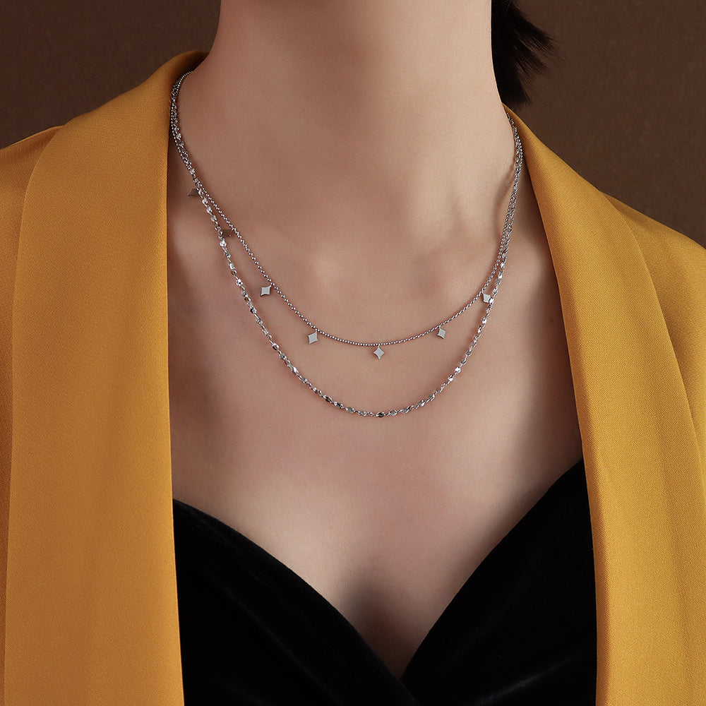 French Style Choker Geometric Ling Piece of Titanium Steel Double Layers to Wear Necklace Stainless Steel Necklace