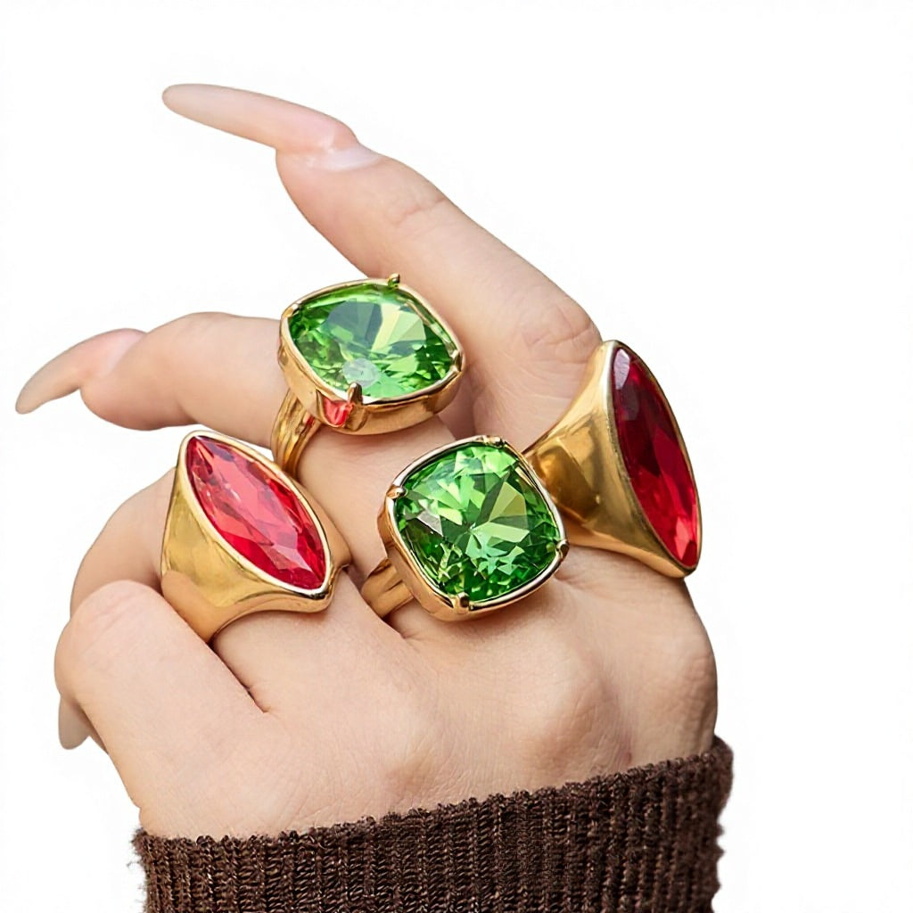High Quality Stainless Steel 18K Real Gold Plated Ring Fashion Red Green Epoxy Glass Stone Designer Statement Jewelry Wholesale