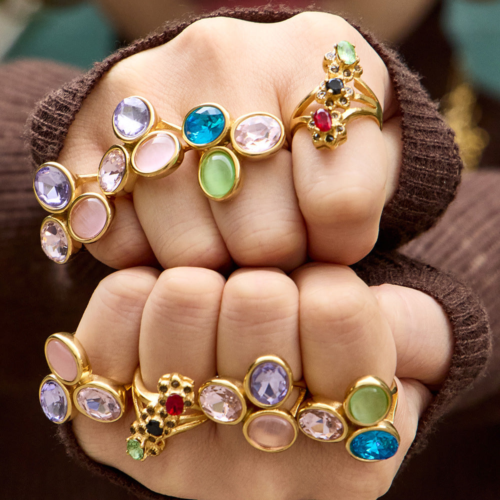 2026 New Design Luxury Multi Color Glass Rhinestone 18K Gold Stainless Steel Rings