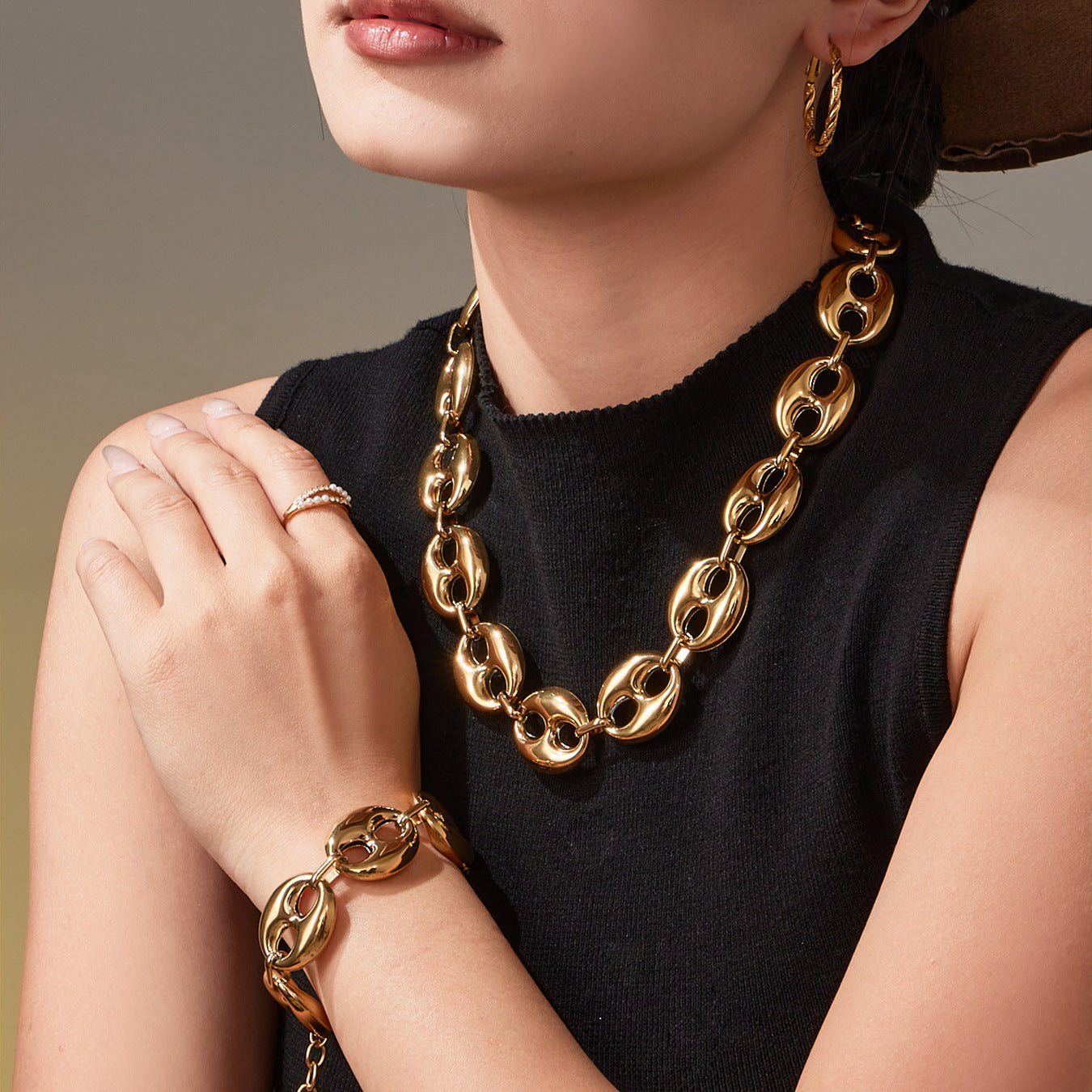 Custom Coffee Lover Gift Gold Plated Coffee Bean Charm Necklace with Matching Bracelet