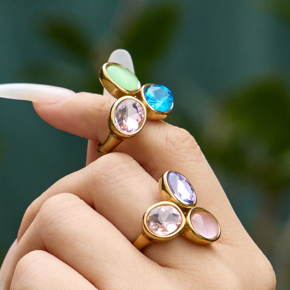2026 New Design Luxury Multi Color Glass Rhinestone 18K Gold Stainless Steel Rings