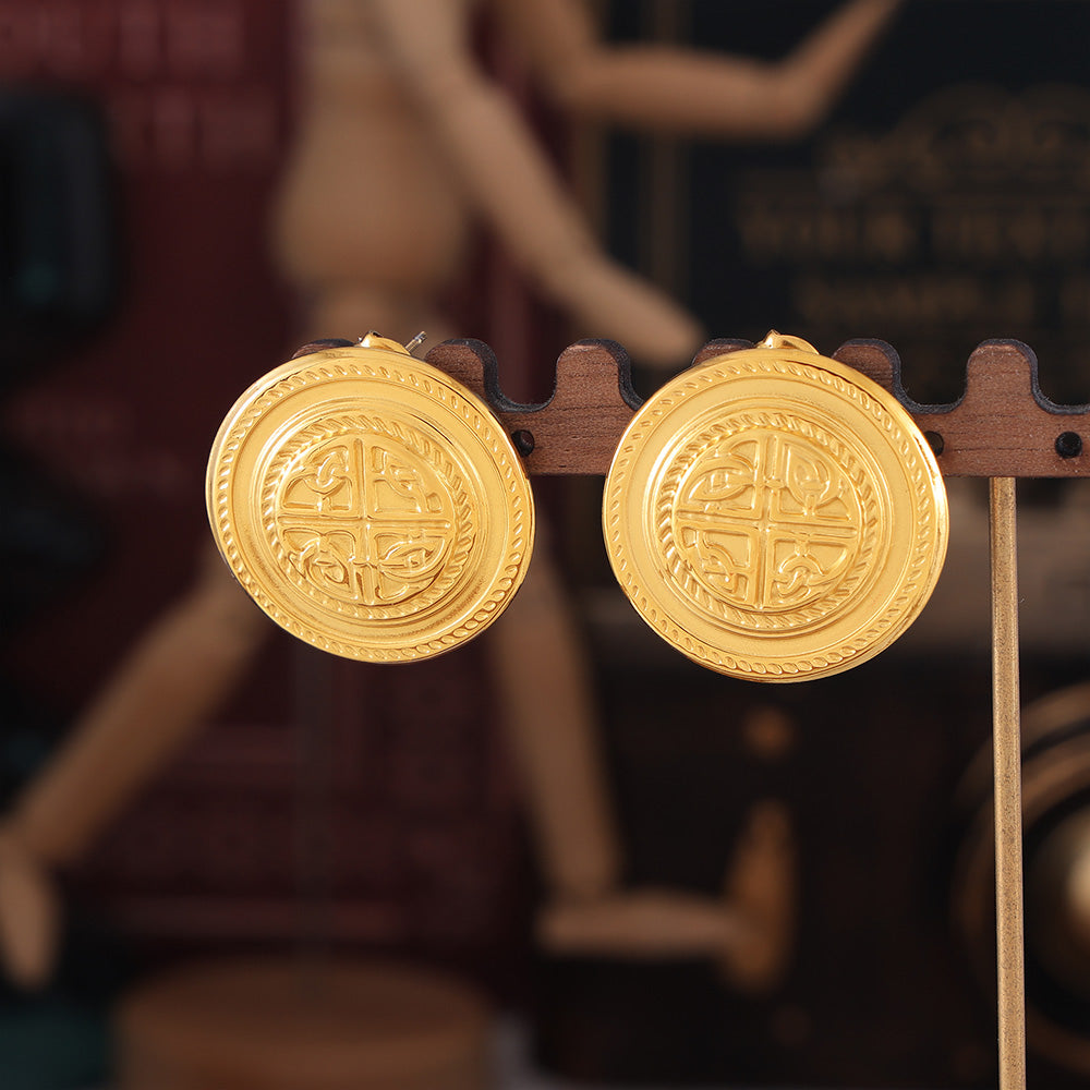 Personality Ins Style Niche Jewelry Texture Round Brand Design Sense Geometric Pattern Stainless Steel Gold-plated Stud Earrings