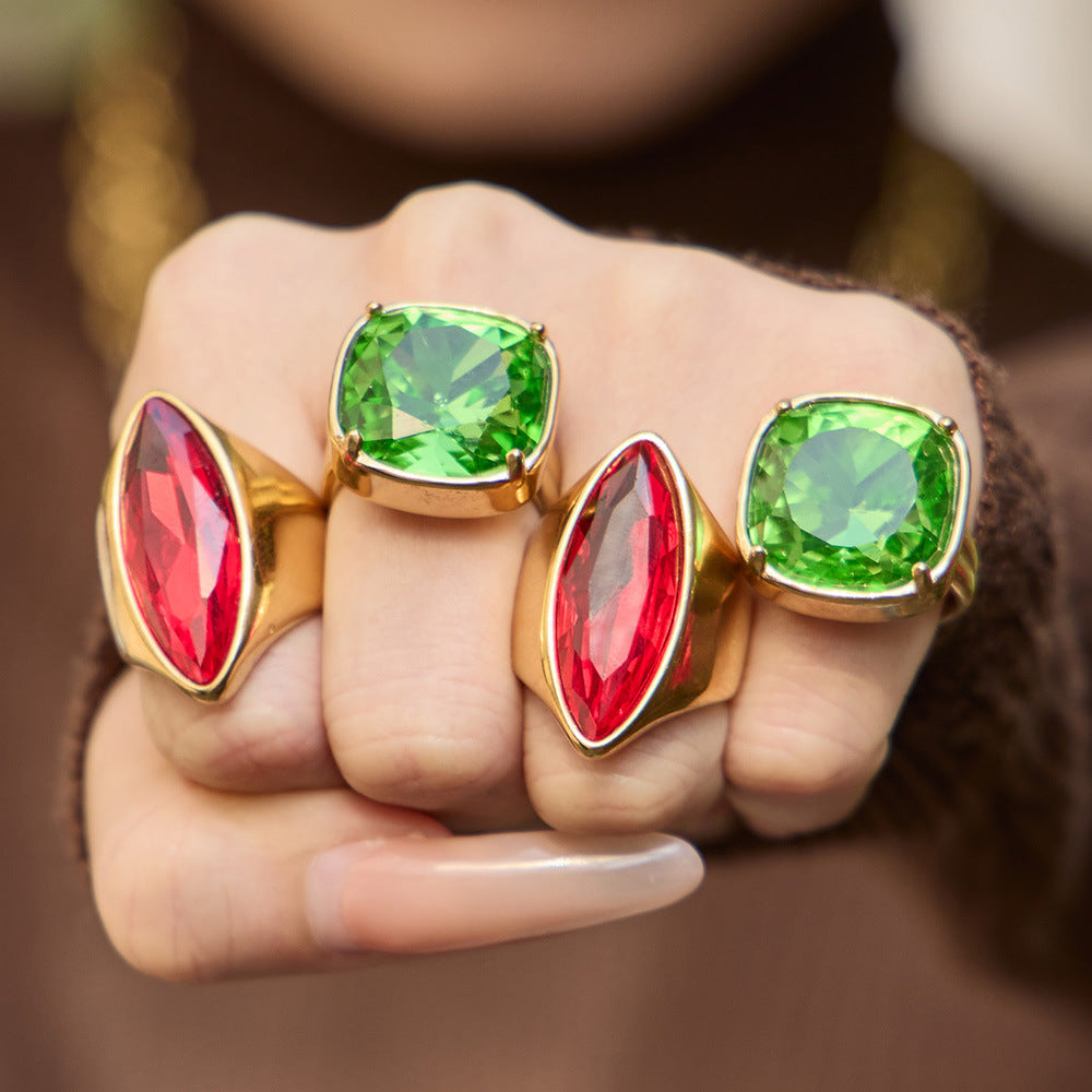 High Quality Stainless Steel 18K Real Gold Plated Ring Fashion Red Green Epoxy Glass Stone Designer Statement Jewelry Wholesale