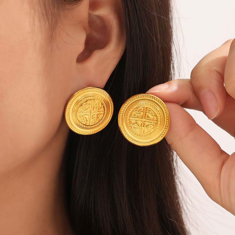 Personality Ins Style Niche Jewelry Texture Round Brand Design Sense Geometric Pattern Stainless Steel Gold-plated Stud Earrings