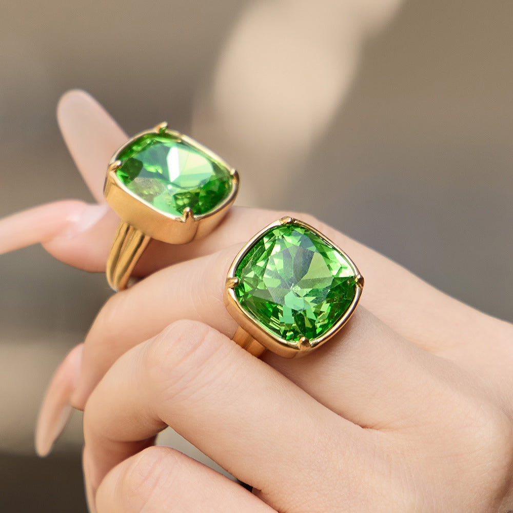 High Quality Stainless Steel 18K Real Gold Plated Ring Fashion Red Green Epoxy Glass Stone Designer Statement Jewelry Wholesale