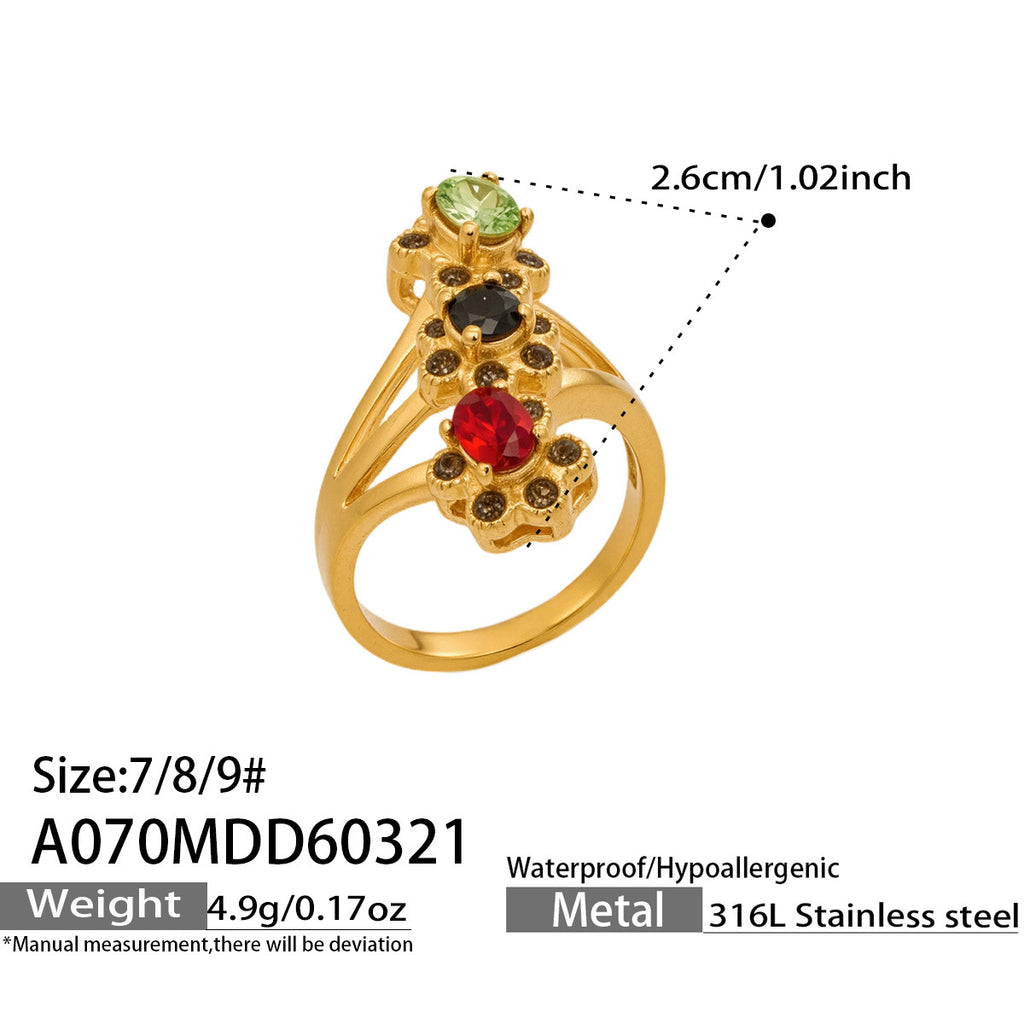 2026 New Design Luxury Multi Color Glass Rhinestone 18K Gold Stainless Steel Rings