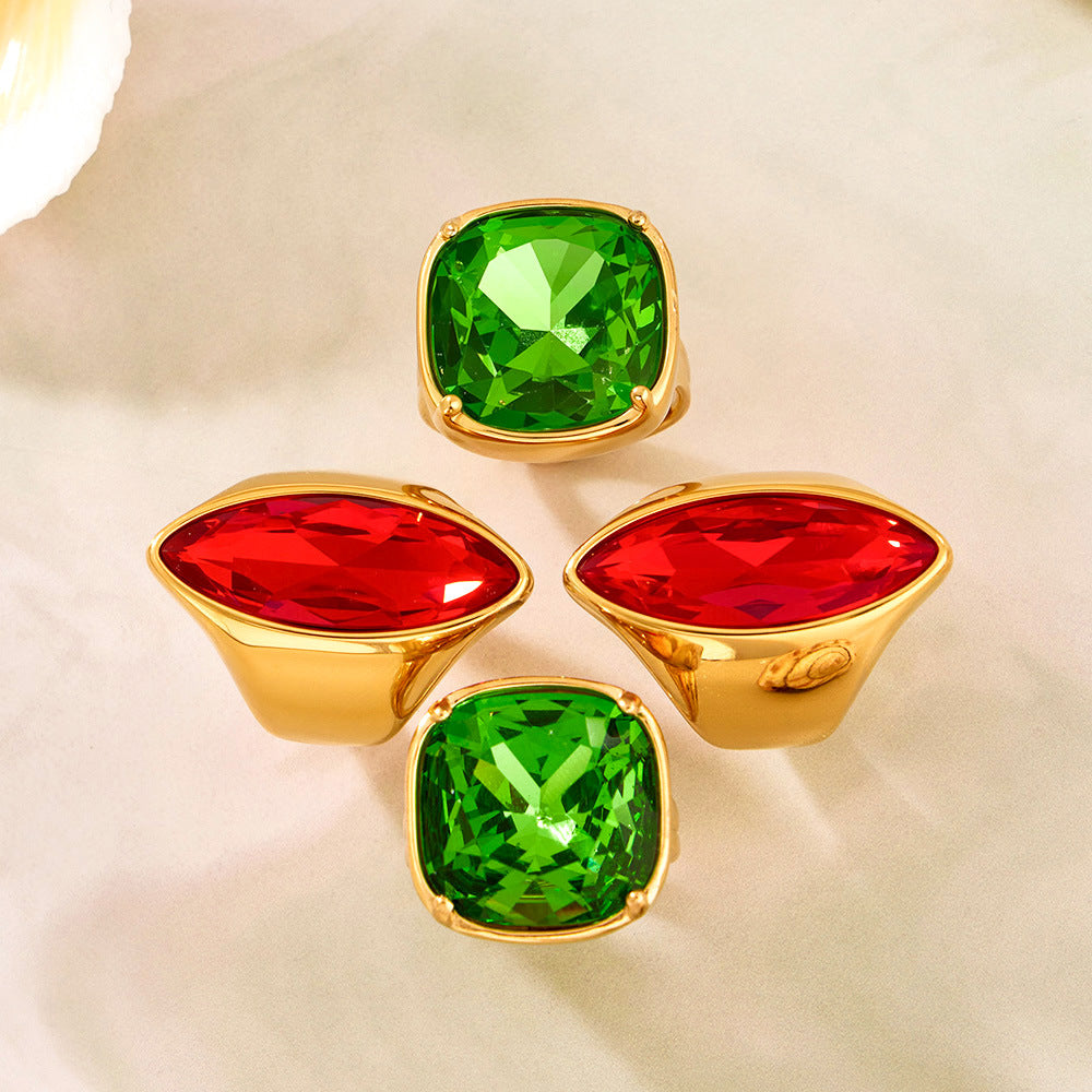 High Quality Stainless Steel 18K Real Gold Plated Ring Fashion Red Green Epoxy Glass Stone Designer Statement Jewelry Wholesale