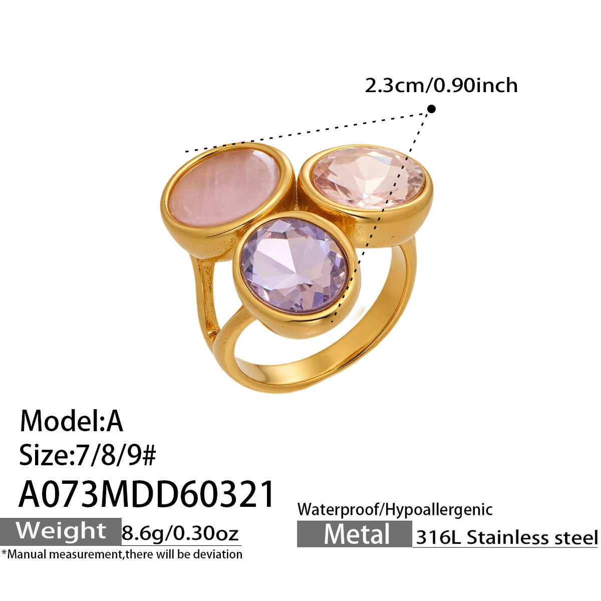 2026 New Design Luxury Multi Color Glass Rhinestone 18K Gold Stainless Steel Rings