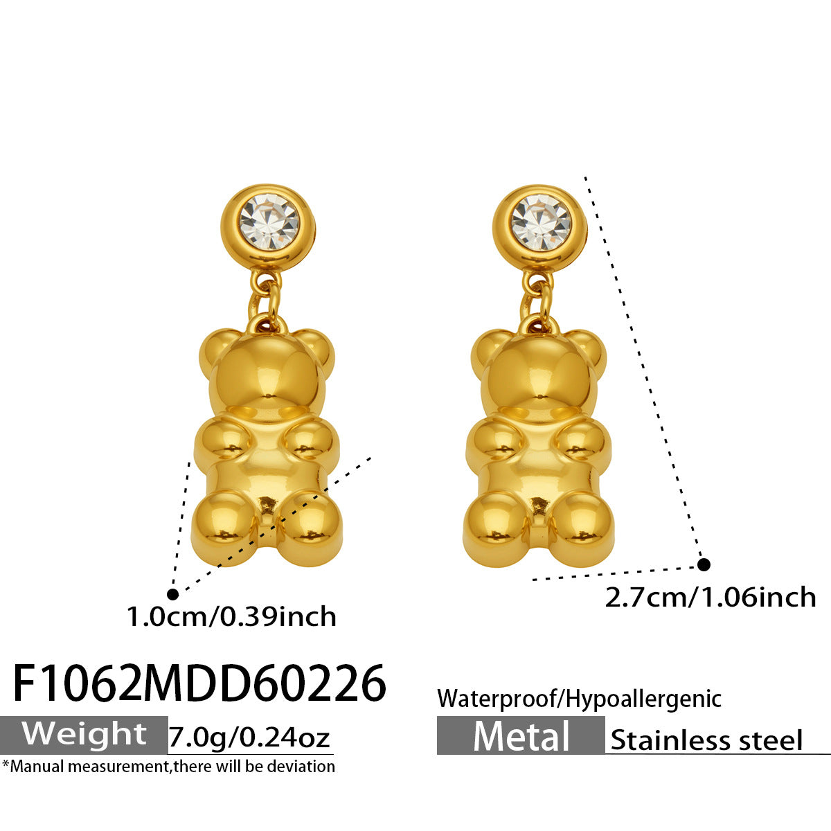 2026 New Fashion Cute Little Bear Charm Stainless Steel 5A Cubic Zirconia Light Luxury Non Fading  Party Earrings Jewelry