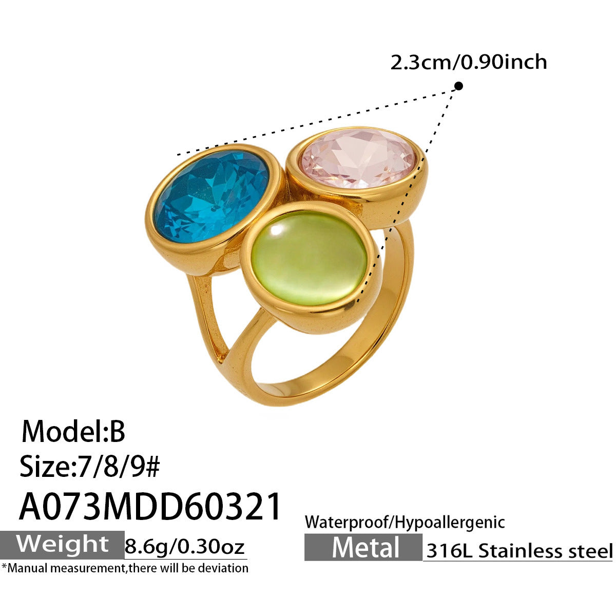 2026 New Design Luxury Multi Color Glass Rhinestone 18K Gold Stainless Steel Rings