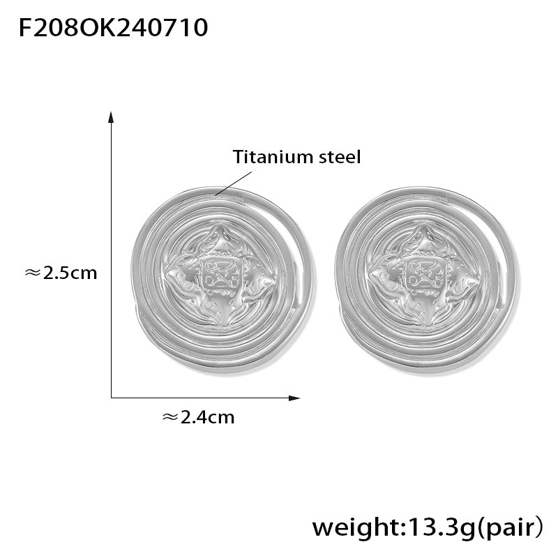 Personality Ins Style Niche Jewelry Texture Round Brand Design Sense Geometric Pattern Stainless Steel Gold-plated Stud Earrings