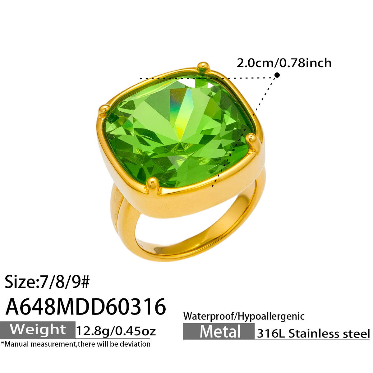 High Quality Stainless Steel 18K Real Gold Plated Ring Fashion Red Green Epoxy Glass Stone Designer Statement Jewelry Wholesale