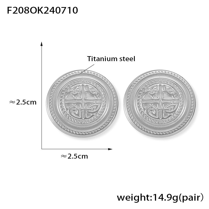 Personality Ins Style Niche Jewelry Texture Round Brand Design Sense Geometric Pattern Stainless Steel Gold-plated Stud Earrings