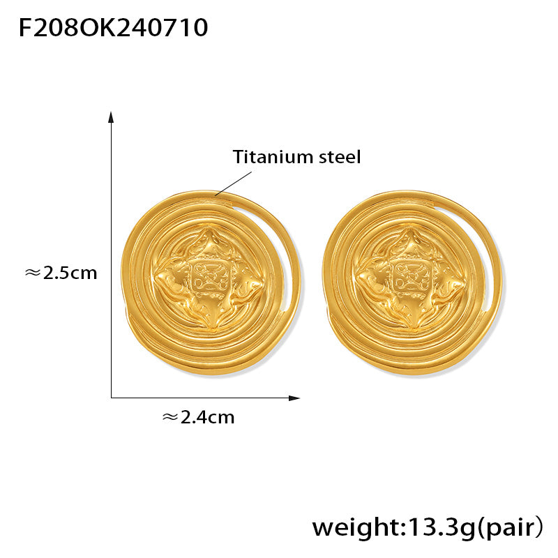 Personality Ins Style Niche Jewelry Texture Round Brand Design Sense Geometric Pattern Stainless Steel Gold-plated Stud Earrings