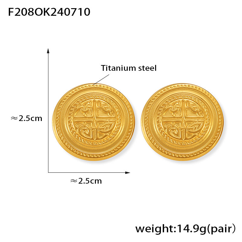 Personality Ins Style Niche Jewelry Texture Round Brand Design Sense Geometric Pattern Stainless Steel Gold-plated Stud Earrings