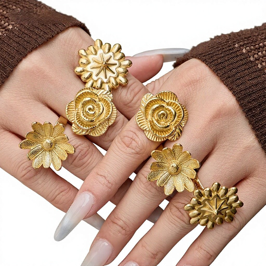 18K Gold Plated Stainless Steel Flower Ring Wholesale Daisy Rose Sunflower Open Adjustable Fashion Jewelry