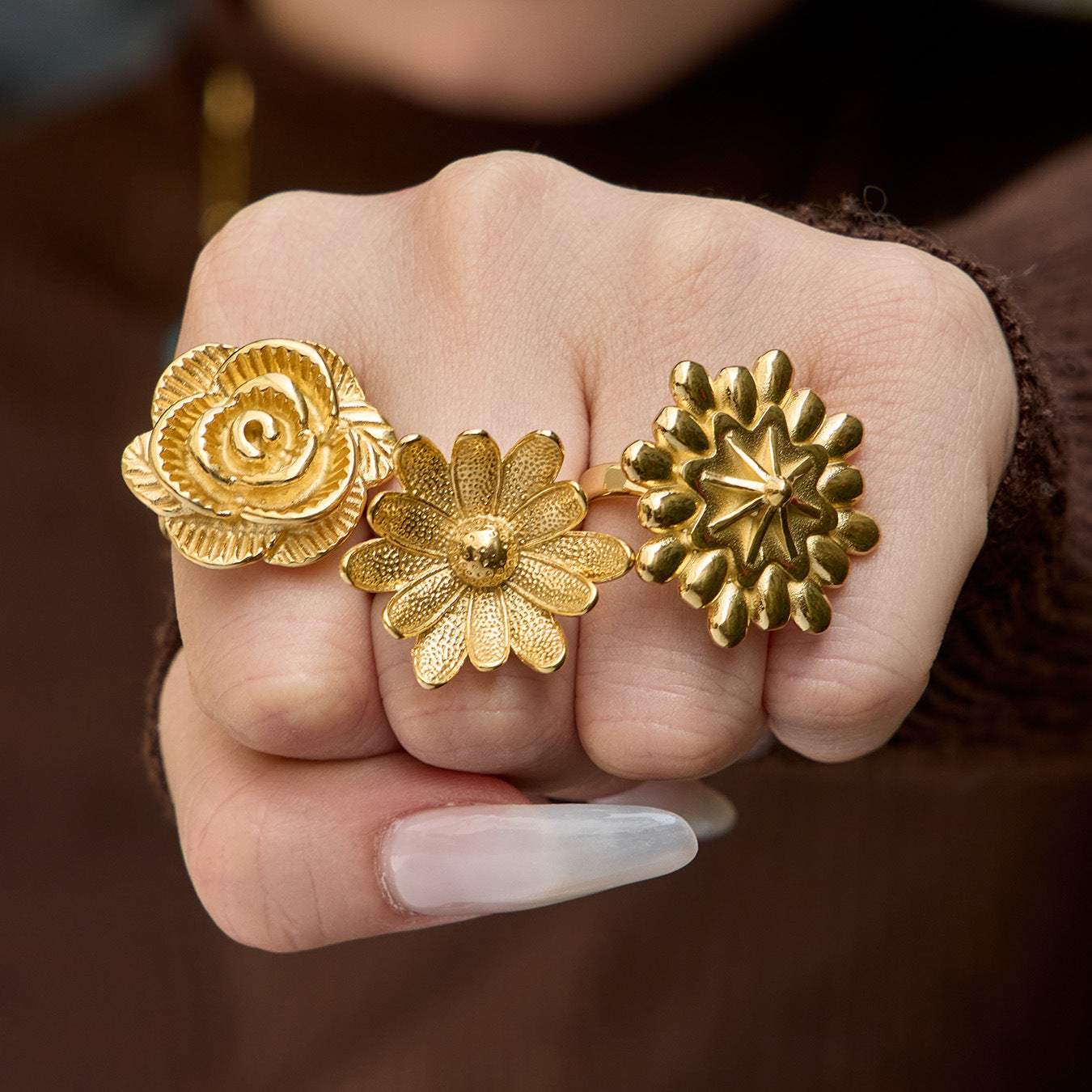 18K Gold Plated Stainless Steel Flower Ring Wholesale Daisy Rose Sunflower Open Adjustable Fashion Jewelry