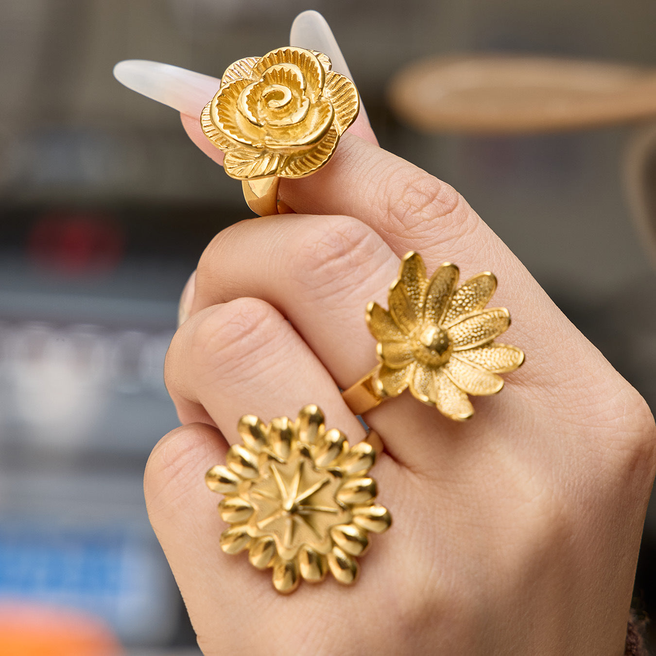 18K Gold Plated Stainless Steel Flower Ring Wholesale Daisy Rose Sunflower Open Adjustable Fashion Jewelry