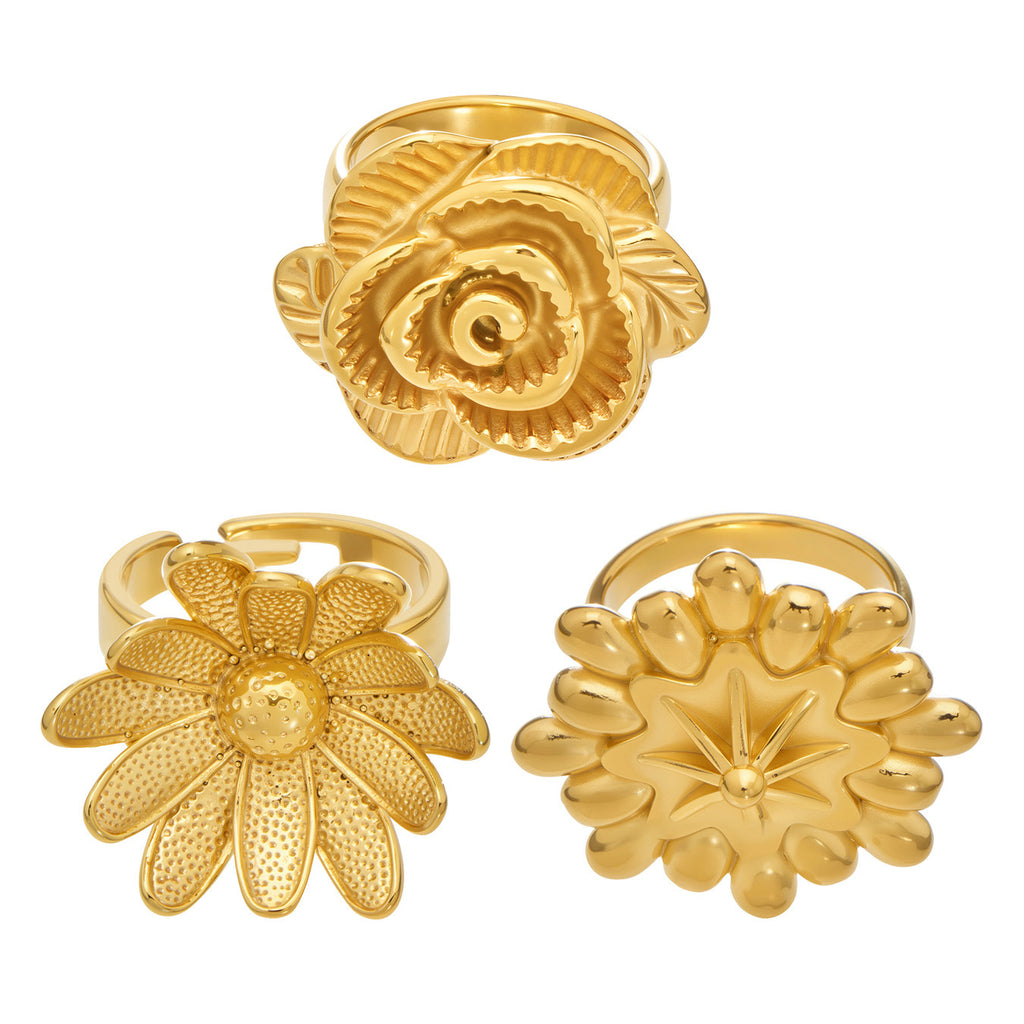 18K Gold Plated Stainless Steel Flower Ring Wholesale Daisy Rose Sunflower Open Adjustable Fashion Jewelry