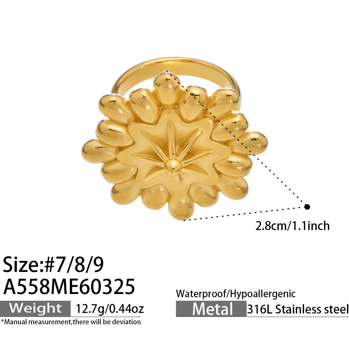 18K Gold Plated Stainless Steel Flower Ring Wholesale Daisy Rose Sunflower Open Adjustable Fashion Jewelry