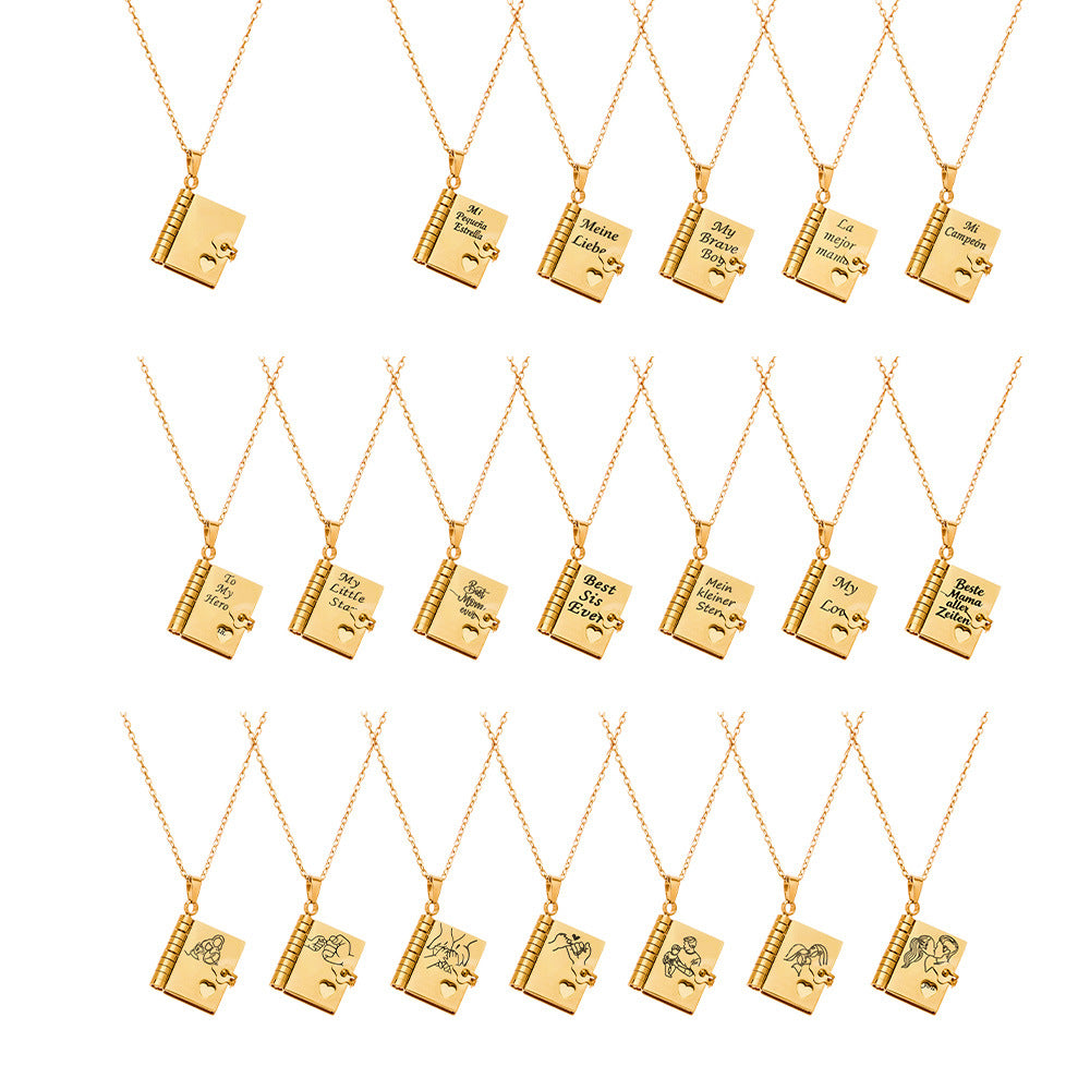 Enigma Sweet Home Series Pearl Book Pendant Clavicle Chain 18k Gold Plated Stainless Steel Sporty Necklace