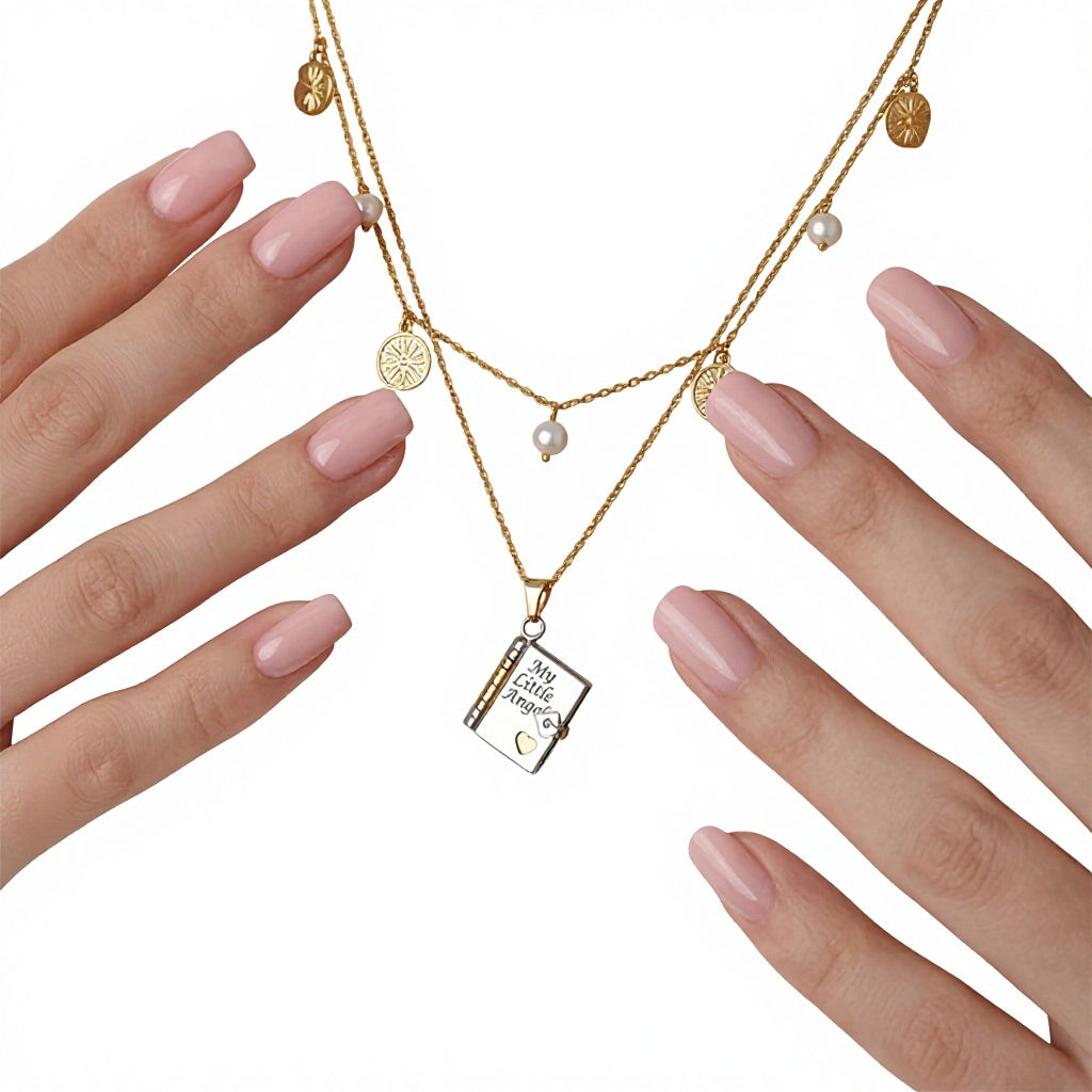 Enigma Sweet Home Series Pearl Book Pendant Clavicle Chain 18k Gold Plated Stainless Steel Sporty Necklace