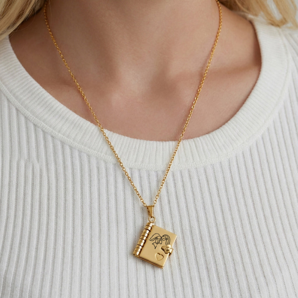 Enigma Sweet Home Series Pearl Book Pendant Clavicle Chain 18k Gold Plated Stainless Steel Sporty Necklace