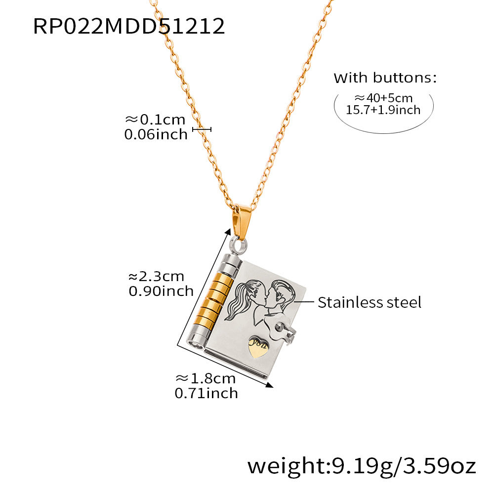 Enigma Sweet Home Series Pearl Book Pendant Clavicle Chain 18k Gold Plated Stainless Steel Sporty Necklace