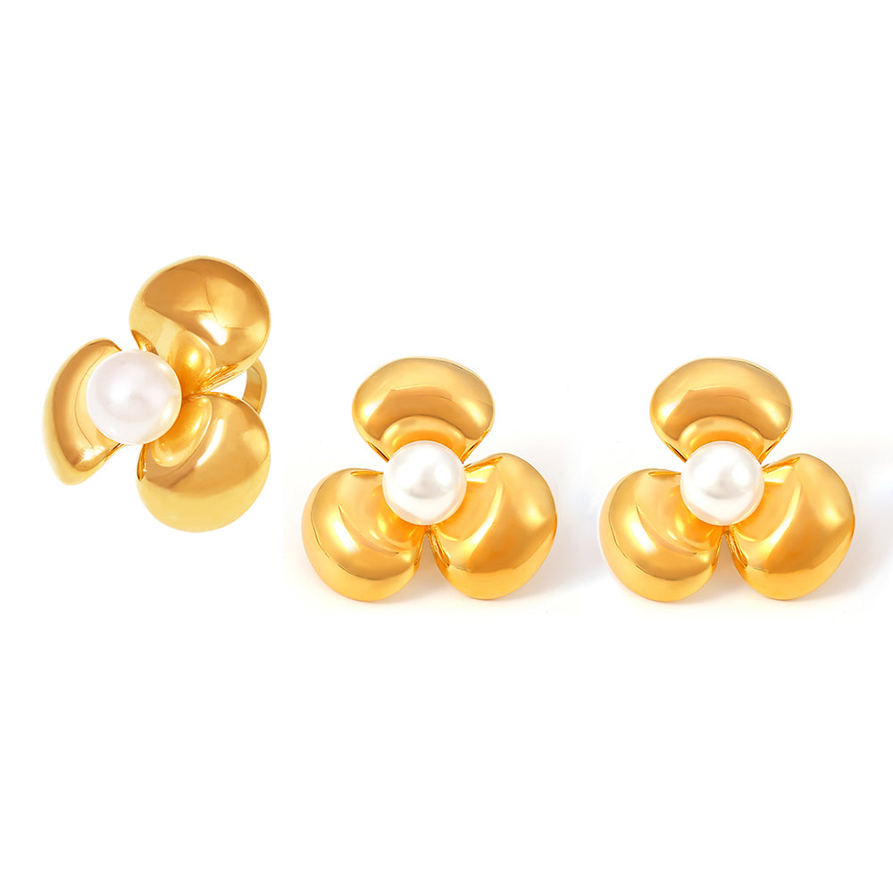 Fashion  Flower Set with Imitation Pearl Ring Earrings Fashion Style Stainless Steel Gold Plated Jewelry Set