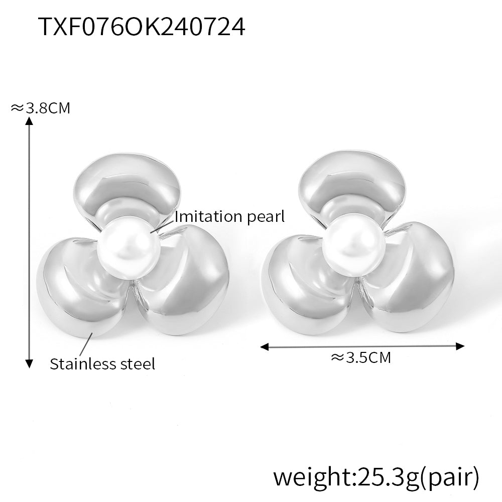 Fashion  Flower Set with Imitation Pearl Ring Earrings Fashion Style Stainless Steel Gold Plated Jewelry Set