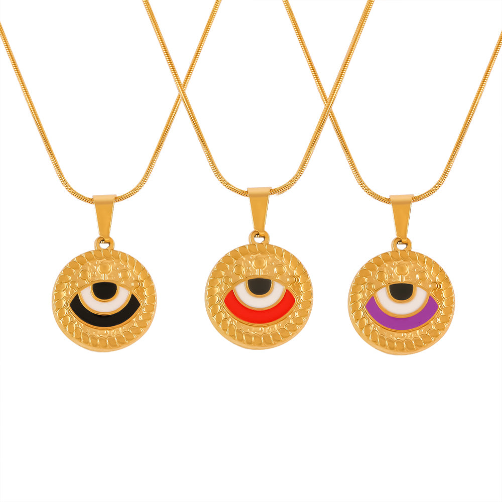 Retro Drop Oil Design Sense Snake Bone Chain Jewelry Cameo Textured Devil's Eye Pendant Stainless Steel Necklace