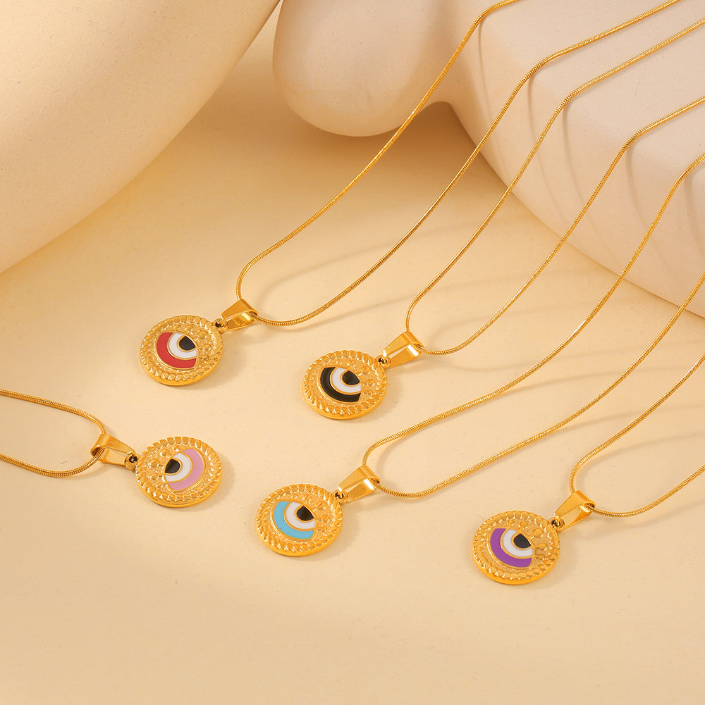 Retro Drop Oil Design Sense Snake Bone Chain Jewelry Cameo Textured Devil's Eye Pendant Stainless Steel Necklace
