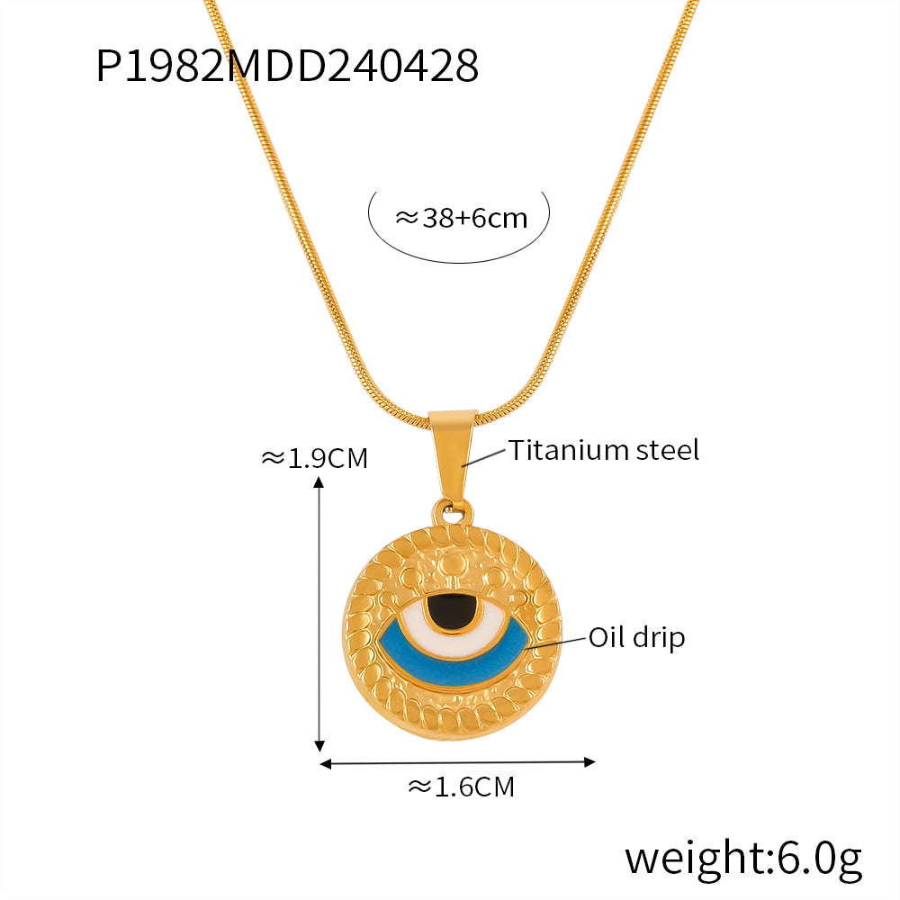 Retro Drop Oil Design Sense Snake Bone Chain Jewelry Cameo Textured Devil's Eye Pendant Stainless Steel Necklace