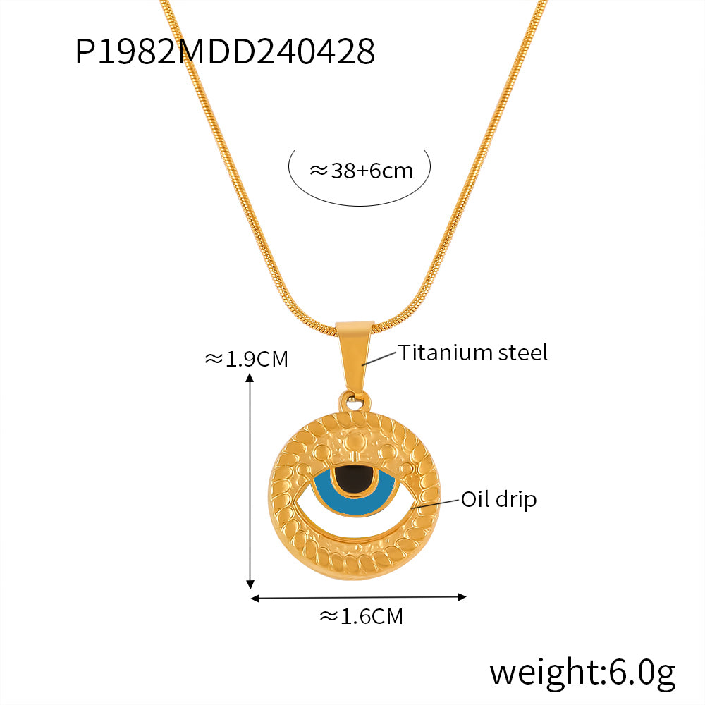 Retro Drop Oil Design Sense Snake Bone Chain Jewelry Cameo Textured Devil's Eye Pendant Stainless Steel Necklace
