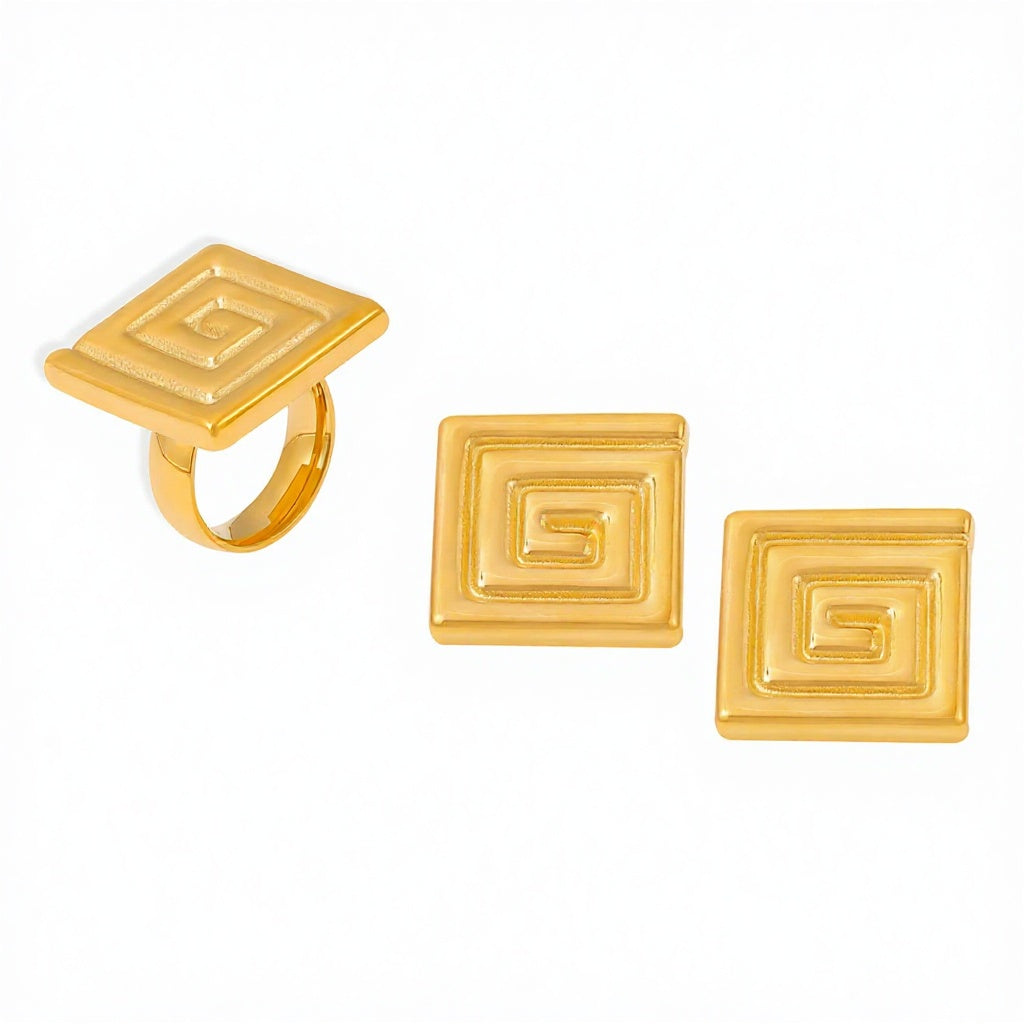 Wholesale 2026 Hot Sale Ins Style Jewelry Set Geometric Swirl Pattern Earrings  Stacking Ring 18K Gold Plated Stainless Steel