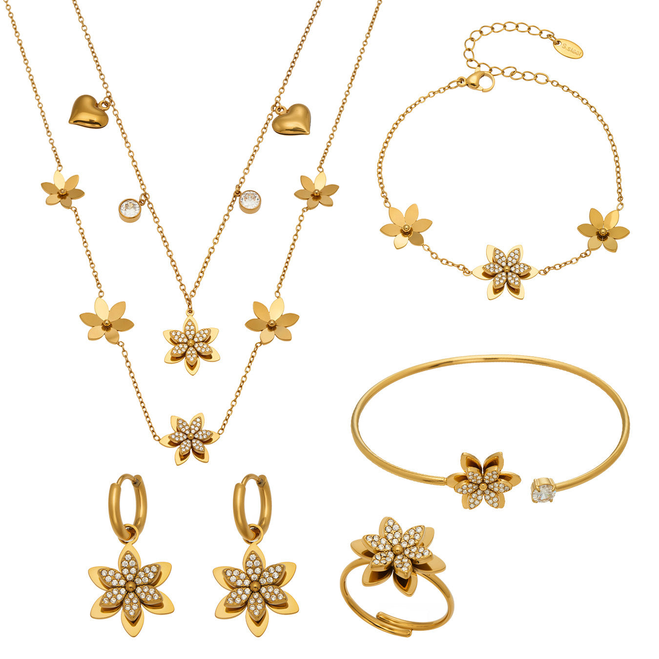 Fashion Elegant 3D Lily Flower Cubic Zirconia Jewelry Suite in Premium Stainless Steel Complete 4-Piece Set for Women