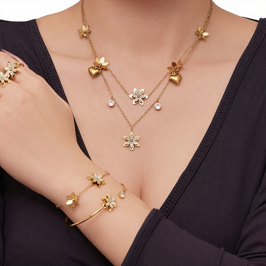 Fashion Elegant 3D Lily Flower Cubic Zirconia Jewelry Suite in Premium Stainless Steel Complete 4-Piece Set for Women