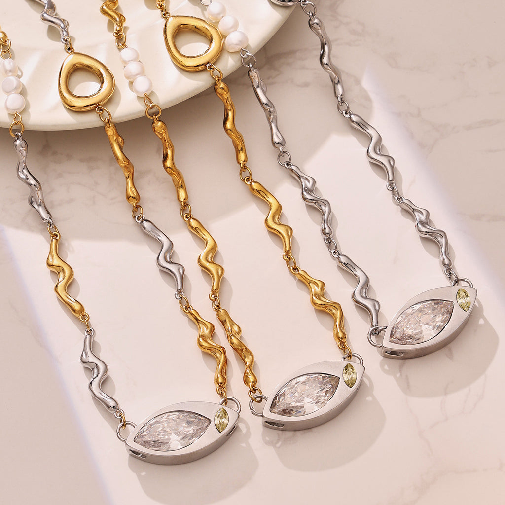 2026 New Design Marquise Zircon Pearl Necklace Textured Stainless Steel Chain Women's Elegant Collarbone Jewelry Wholesale