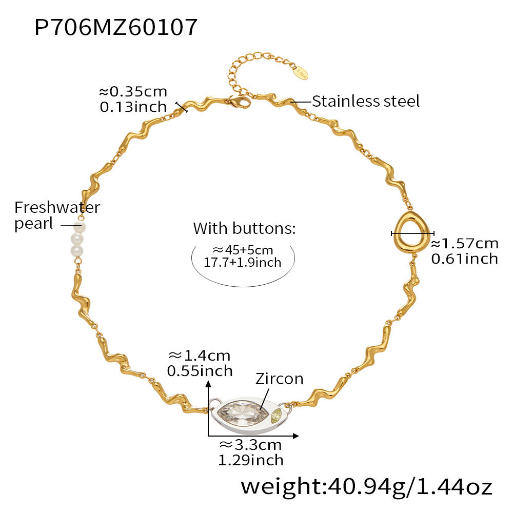 2026 New Design Marquise Zircon Pearl Necklace Textured Stainless Steel Chain Women's Elegant Collarbone Jewelry Wholesale